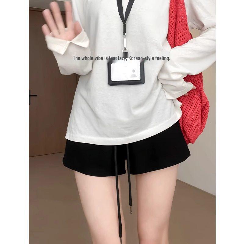 Women's Plus Size Low-Waist Black Drawstring Sports Shorts - Spicy, Slimming, Hip-Hugging, Casual Hot Pants for Autumn