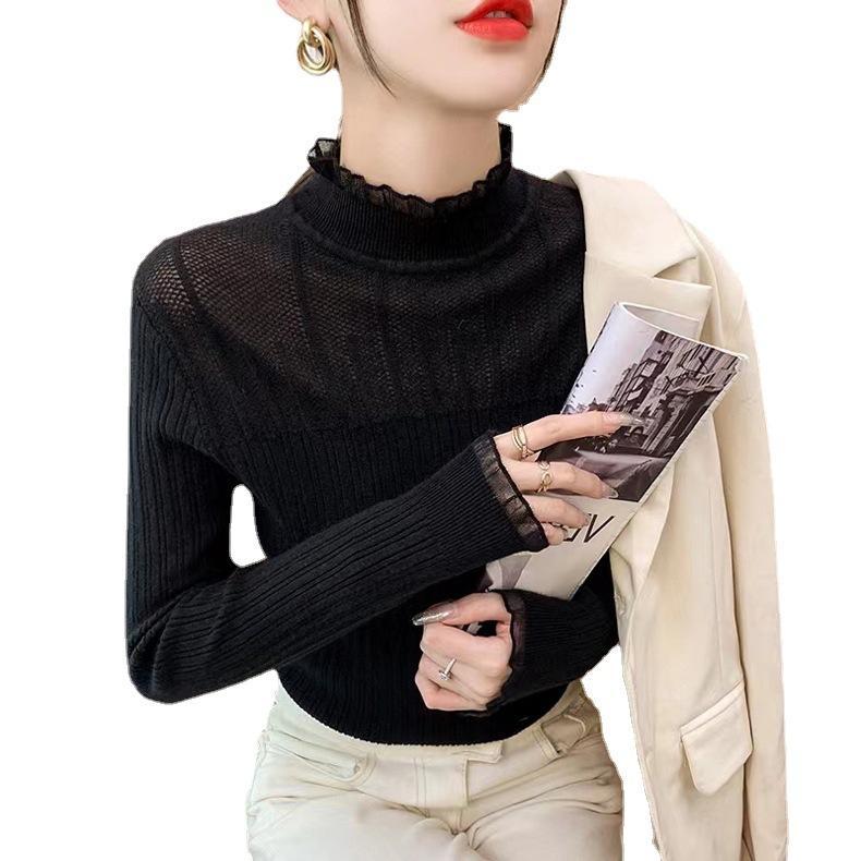 Sweter bazowy z półwysokim kołnierzem dla kobiet Jesień i Zima Sweter dziergany koronką Wąski sweter dla kobiet
