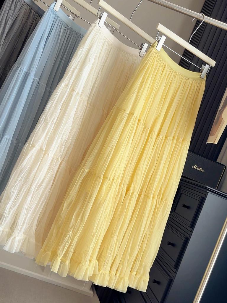 Elegant Korean Style A-line Mesh Spliced Skirt: Spring & Autumn Women's Slimming Wide Hem Design