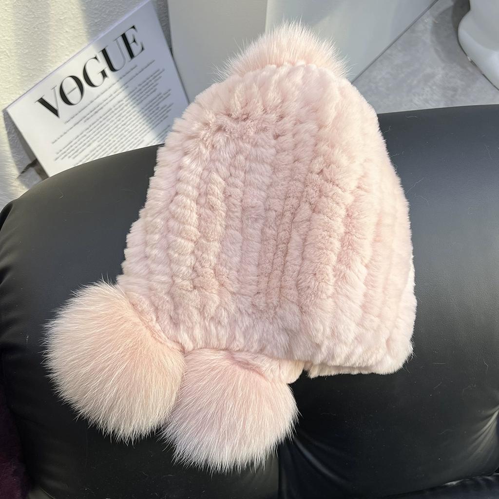Girl Cute Real Rex Rabbit Fur Hat Big Fox Hairball Head Hat Thickened Warm Ear Hat Winter