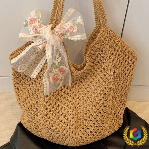 Women's Cotton Thread Knitted Shoulder Tote – Summer Large Capacity Floral Beach Bag