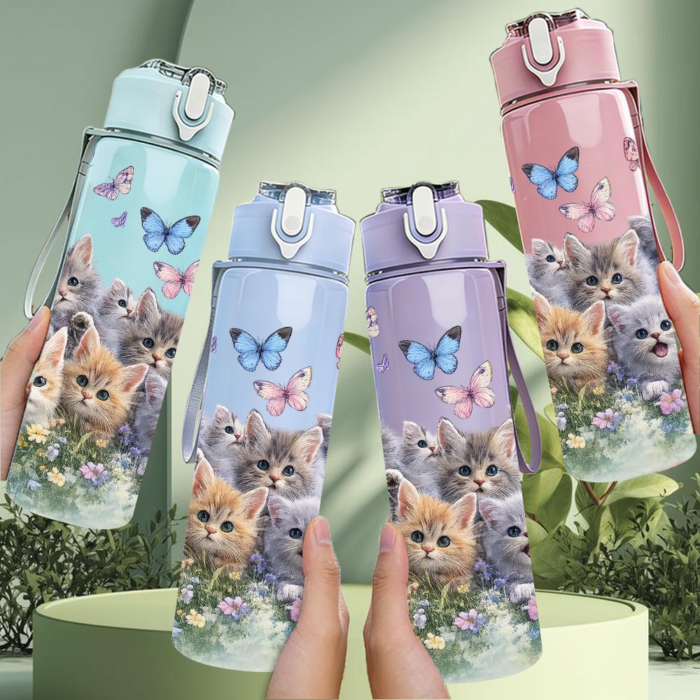 1 Stück Mehrrassen-Kätzchen Florale Collage 750ml Farbe Kunststoff-Wasserflasche Auslaufsicherer Klappdeckel mit Strohhalm Für Sport, Büro, Heimgebrauch