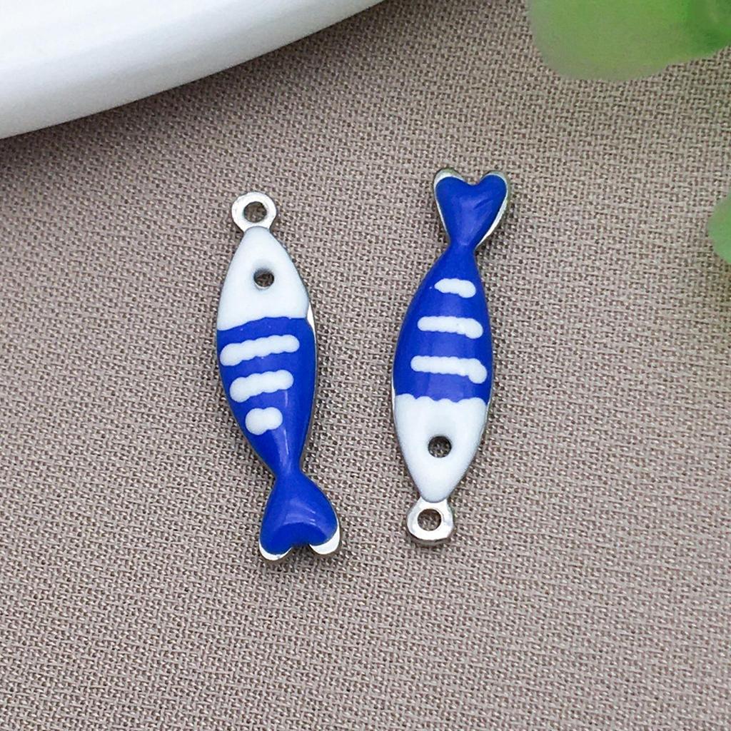 Stainless Steel Double-Sided Enamel Striped Fish Pendant for DIY Jewelry