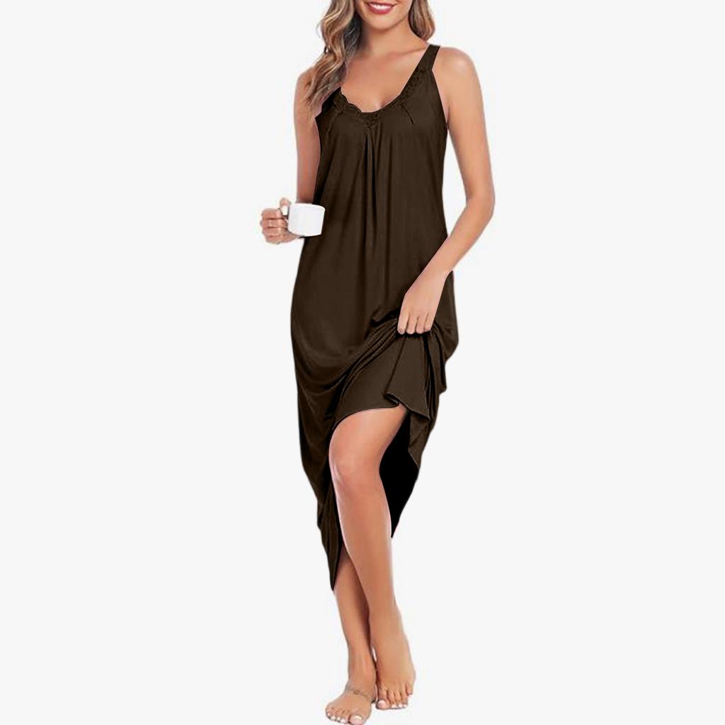 Women's Soft Long Elegant Lace V-Neck Home Clothes Sexy Loose Sleeveless Casual Dress