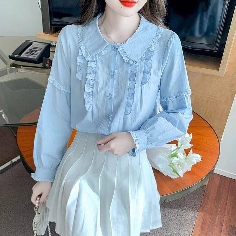 Blue Doll Collar Shirt Fashionable Lace Stitching Women's Long Sleeved Shirt Day Off Minimalist Women's Top