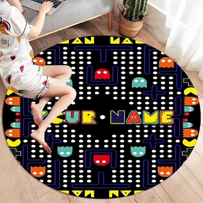 Pac-Man Custom Name Round Area Rug,Carpet Rug for Living Room Bedroom Sofa Playroom Decor,Non-slip Floor Mat