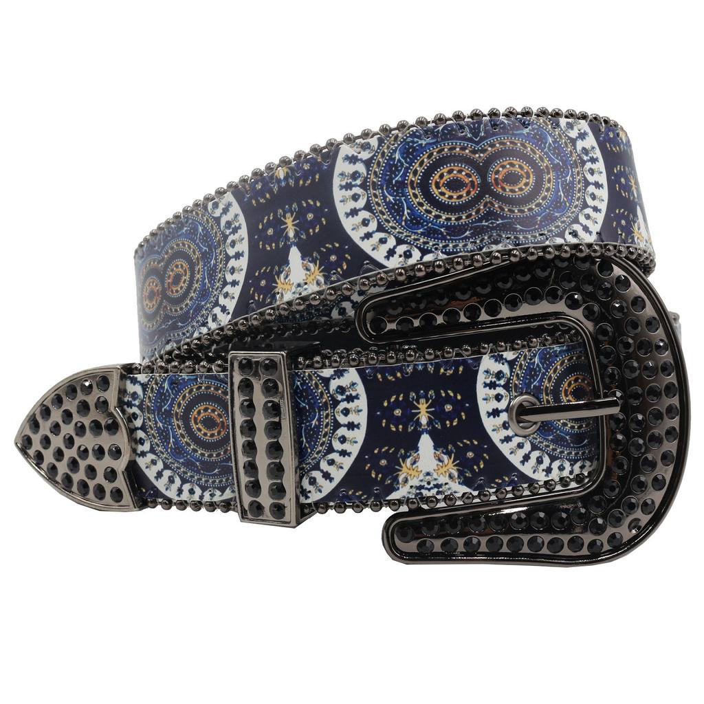 Gothic Design Full Of Rhinestone Print Belt Hip Hop Punk Jeans Accessories Pu Leather Belt