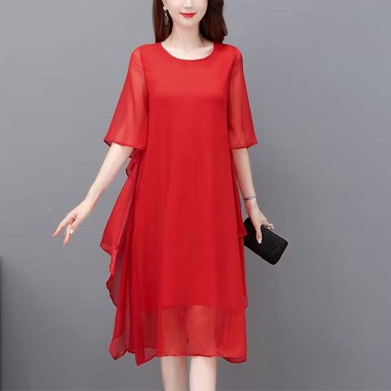 

Женское однотонное миди-платье с круглым вырезом, базовое стильное, с оборками, вставками, нерегулярным коротким рукавом, свободное, повседневное, летнее L красный