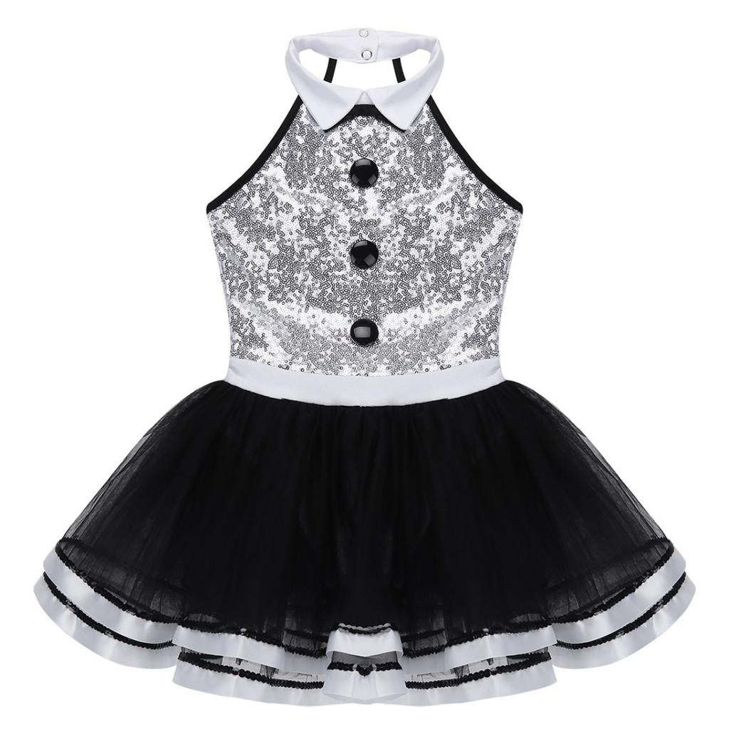 Girls Kids Shiny Sequins Modern Jazz Dance Outfit Ballet Tutu Dress Stage Performance Dancing Costume