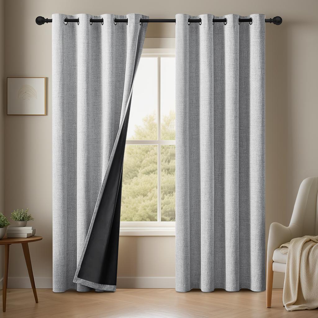 2PC plain linen solid color 100% blackout curtain, comes with curtain straps, suitable for decorating living room and bedroom