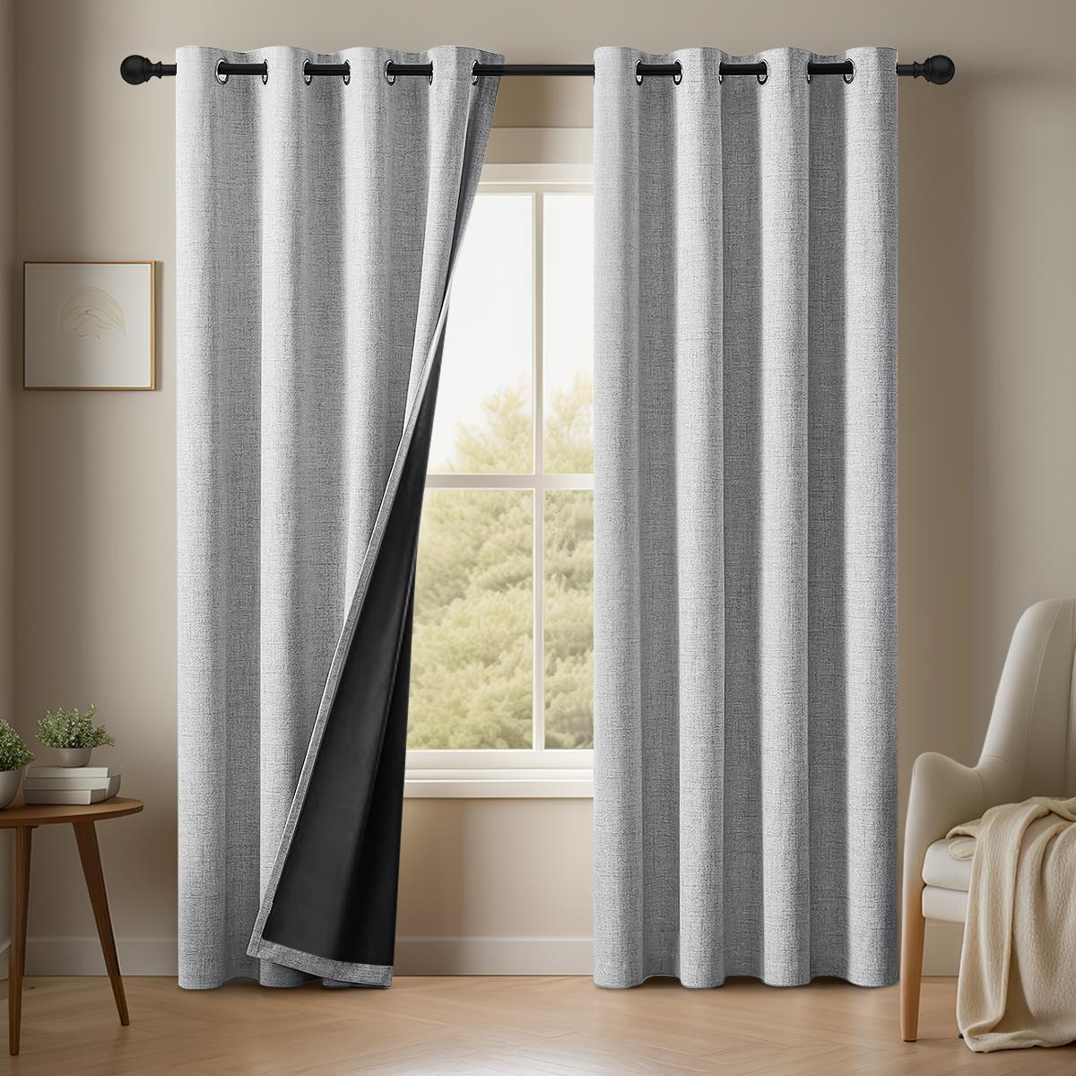 2-delig effen linnen effen 100% verduisterend gordijn, wordt geleverd met gordijnbanden, geschikt voor het decoreren van de woonkamer en slaapkamer W100cmxH130cm 2PC&Grommet Top