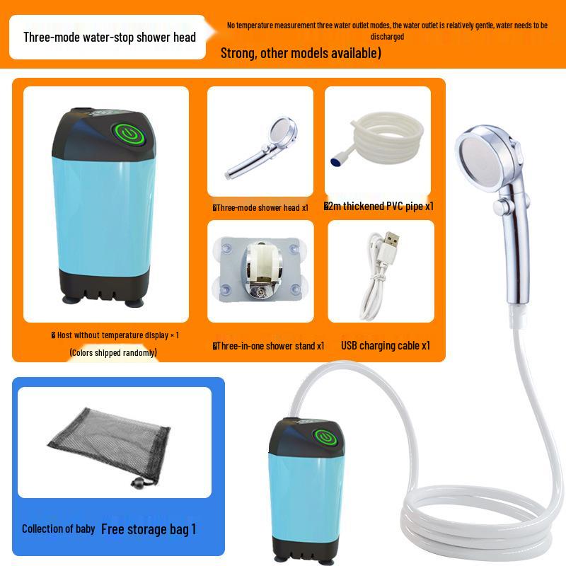 Electric Camping Shower Set with Rechargeable Pump and Water Bag.