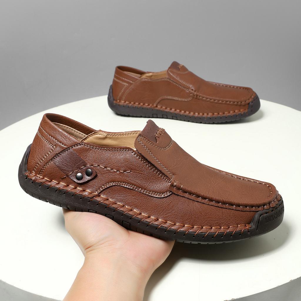 Hollow hand-stitched men's shoes outdoor casual shoes one-pedal flat-soled leather shoes low-top large-size loafers