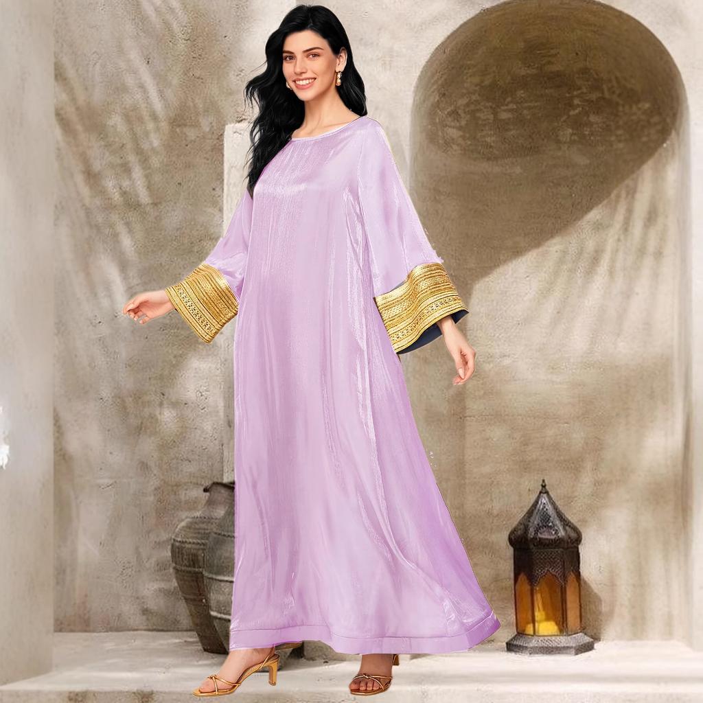 Damen Langes Kleid mit lockerem Schnitt, Rundhalsausschnitt und goldbestickten Manschetten