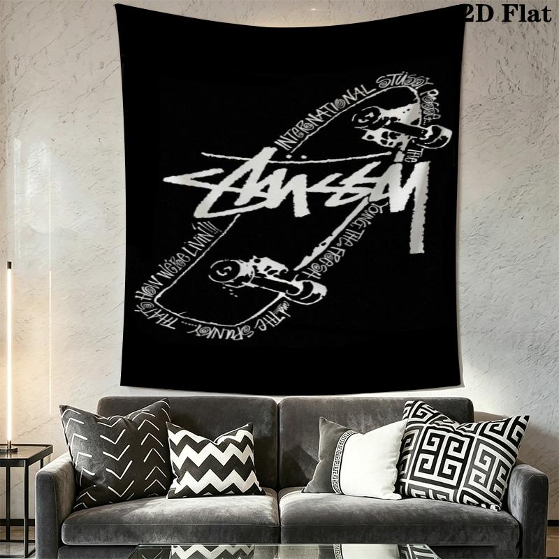 Teal Skull Pattern Tapestry, Vintage Street Brand Text Logo Collage Wall Hanging Aesthetic Decor