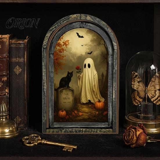 Handcrafted Retro Wooden Decor Halloween Arched Wall Hanging Plaque, Double-Layer Distressed Ghost Cat Ornament, Rustic Tabletop Signs Gothic Vintage
