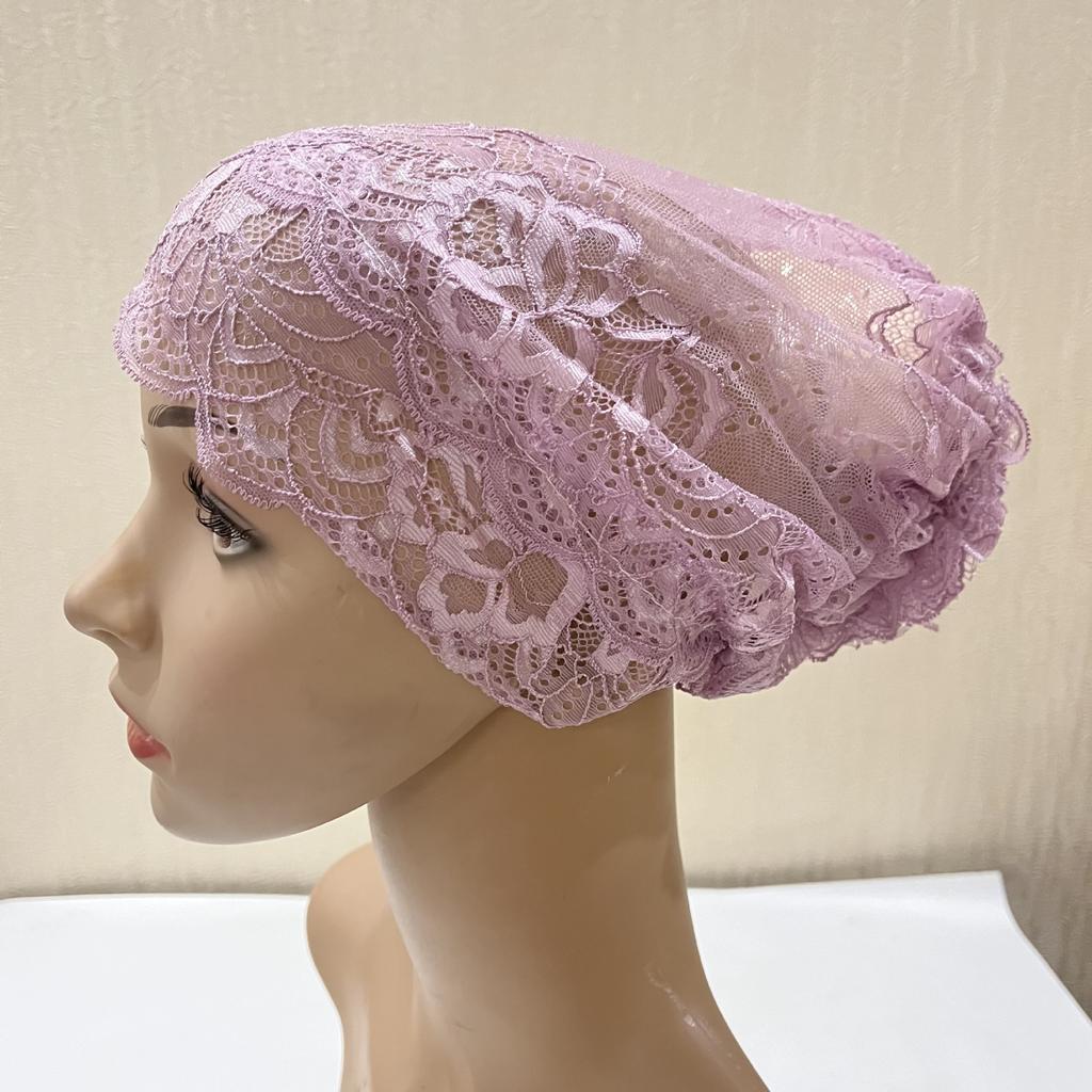Lace Hijab Flower Headband Full Cover Bottom Hat Chemo Cap Muslim Fashion