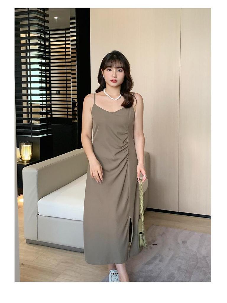2024 Plus Size Women's Pleated Slit Midi Slip Dress
