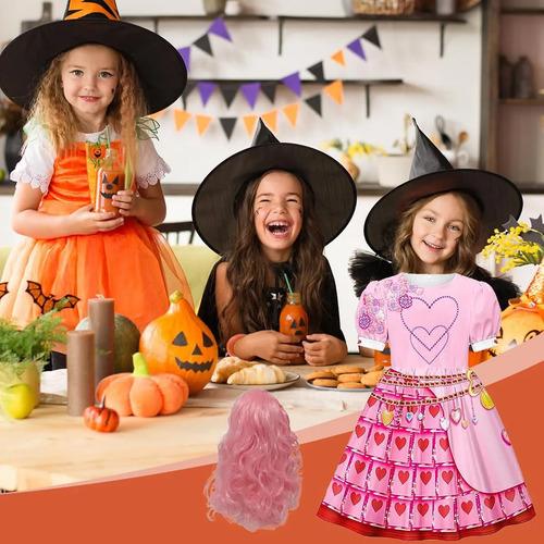 Girls' 4-piece Costume Set, Pink Dress With Pink Wig, Hall