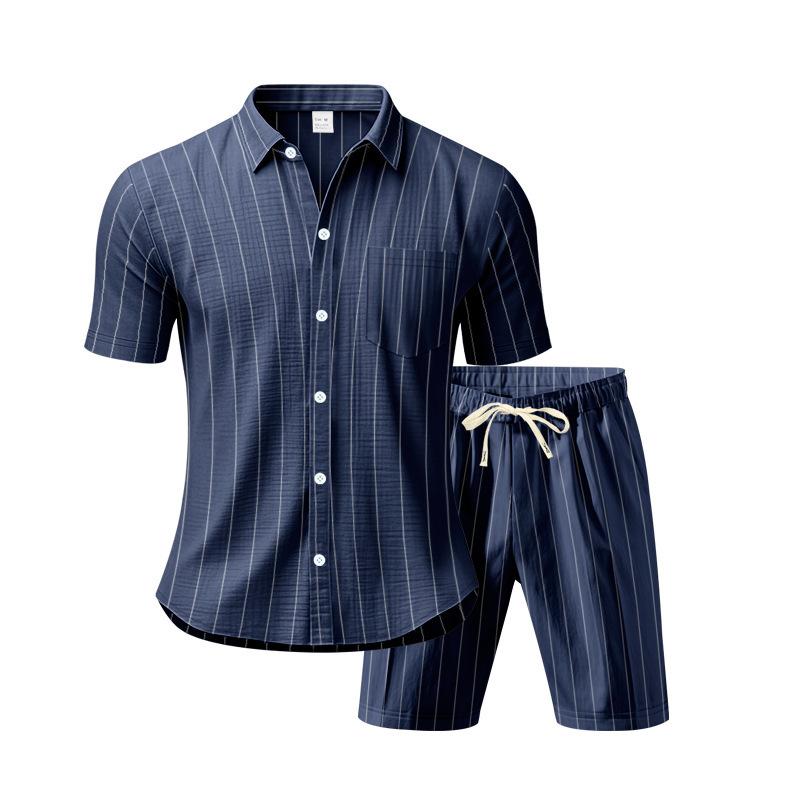 Men's Striped Jacquard Loose Short Sleeve Summer Linen Cotton Suit Shirt & Beach Shorts Two-piece Set