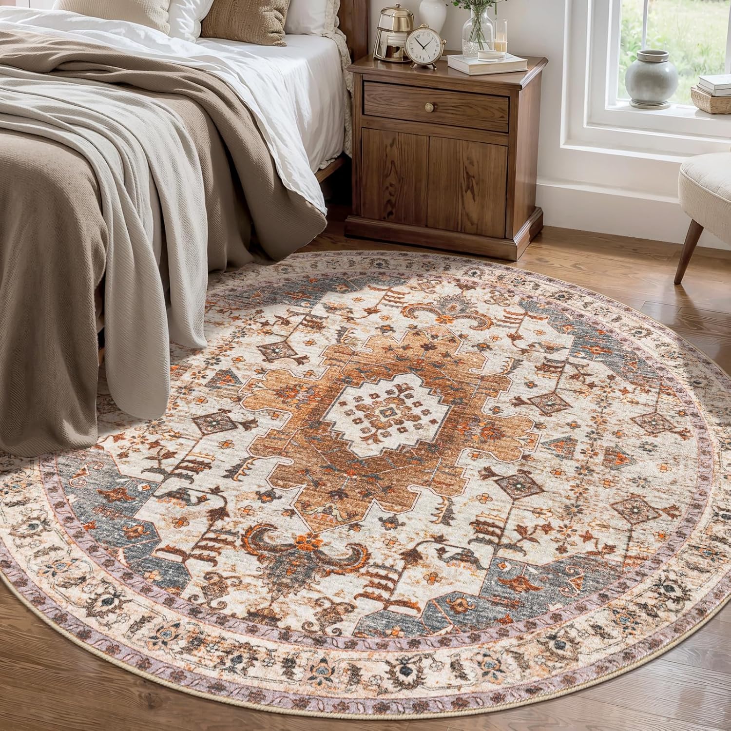 Vintage Bohemian Medallion Round Rug Warm Terracotta and Blue Tones for Bedroom or Living Area 60cmx60cm