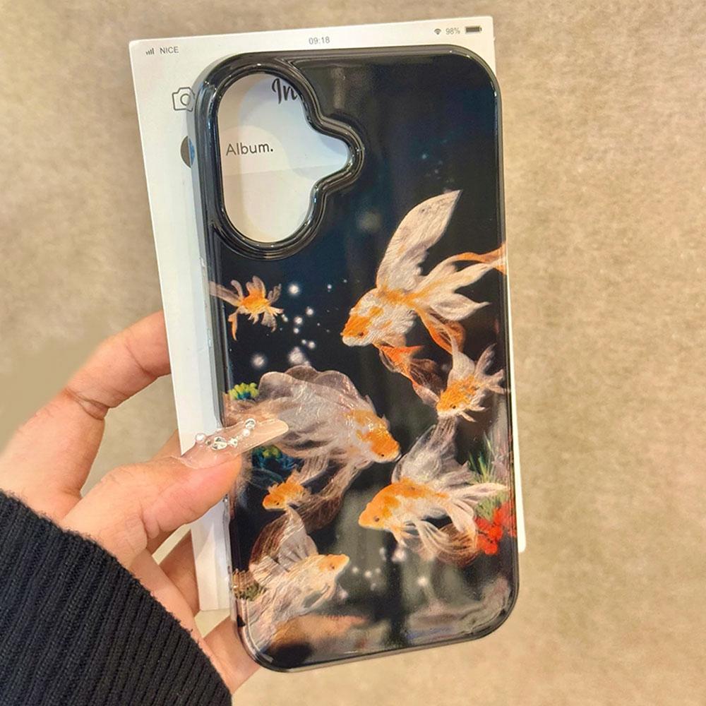 Für Samsung Galaxy S25 Edge S24 S23 S22 S21 S20 FE Plus 5G Ultra Koi Goldfisch Funkeln Schwarz Glänzend Damen Mädchen Bumper Handyhülle