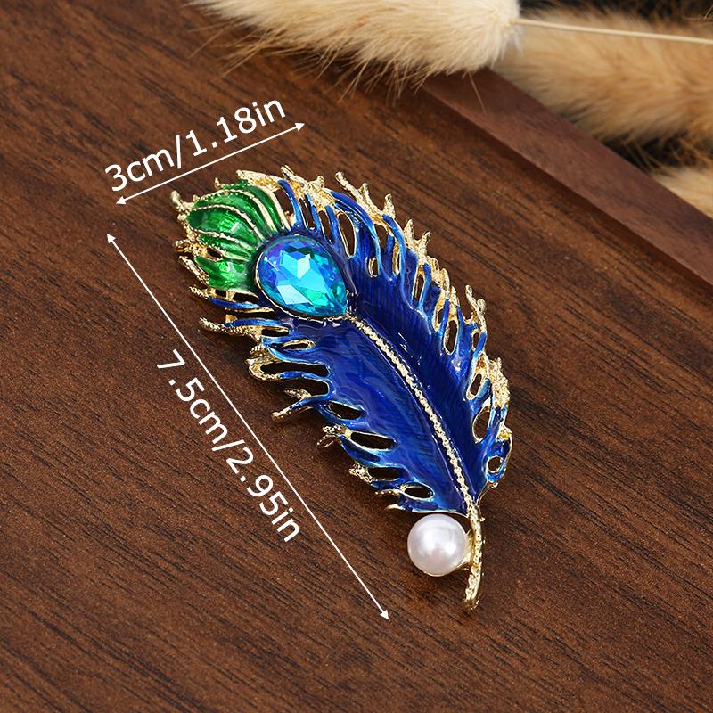 1PC Enamel Vintage Pin with Rhinestones Party Pearl Elegant Bag Badges Gifts Feather Brooch Dinner Unisex