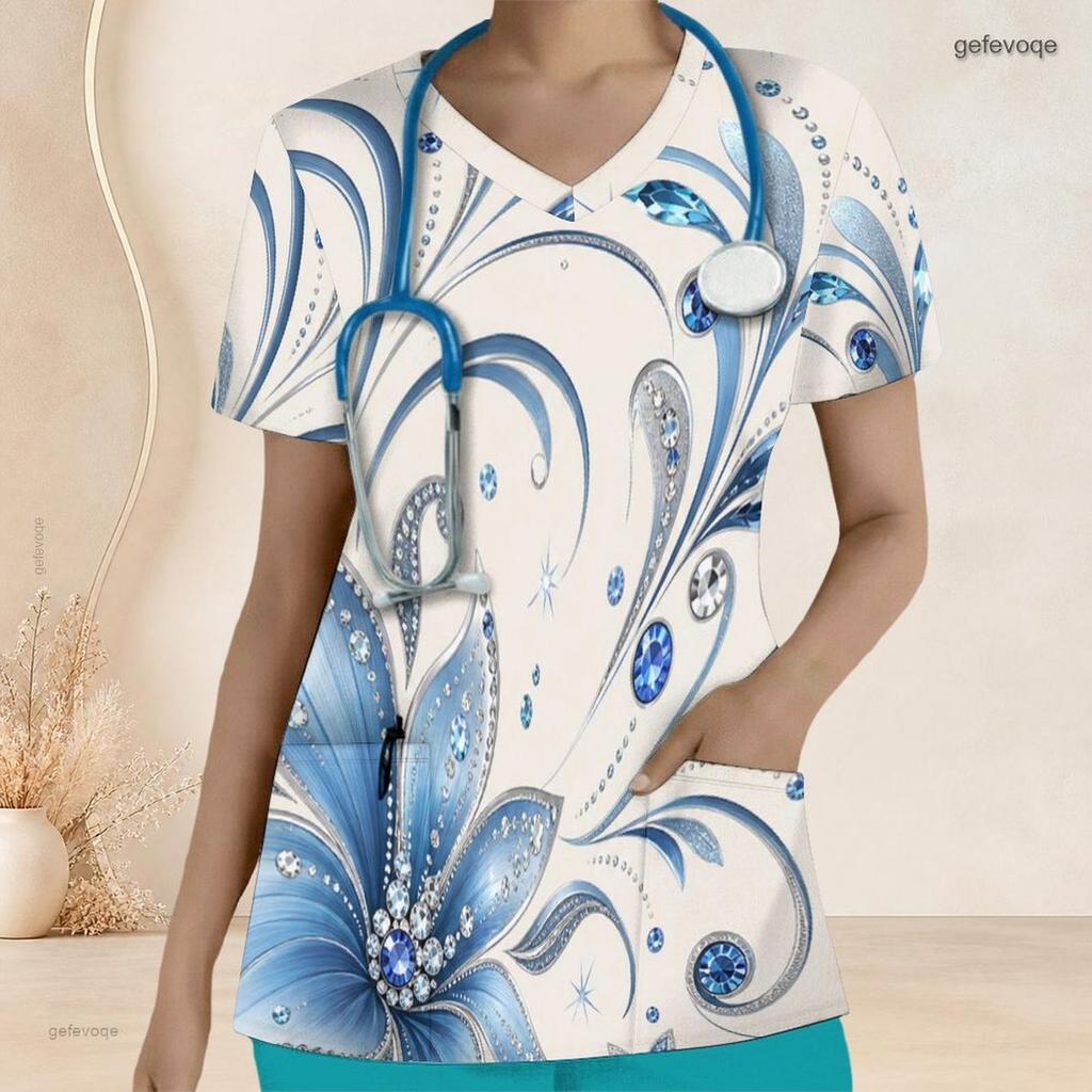 Women Plus Size V Neck Short Sleeve Blue White Printed Nurse Scrub Top With Front Pockets