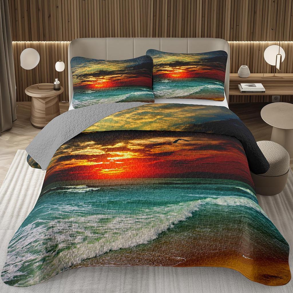 Sunset Scenery Bedspread Queen/Full Natural Landscape Quilted Coverlet 2/3Pcs Reversible Grey Bedding Set for Boy Girl Room Dorm