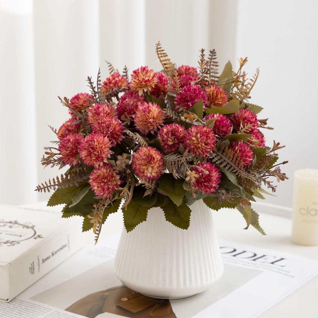 1PC Vintage-style artificial ball chrysanthemum bouquet; table centerpiece; faux flowers for living room; home decor; party decoration.