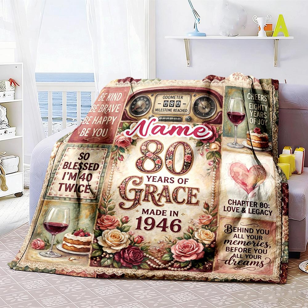 Customize Your Name Home Blanketss 80Th Birthday Celebration Floral Design Comfortable Soft Lightweight Blanket For All Seasons Suitable For Picnics