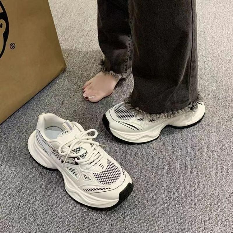 Fashion Silver Gray Mesh Breathable Dad Shoes for Women's 2024 Spring New Lightweight Thick Soled Sports Shoes Sneakers Women