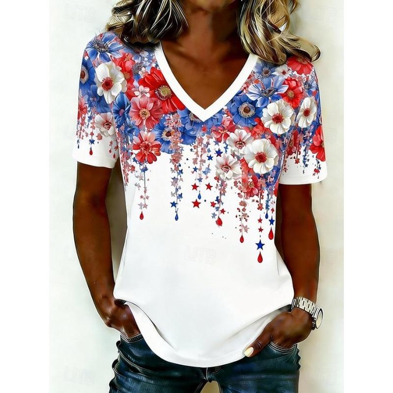 Women's T Shirt Print Graphic Flag Vintage Stylish Classic Short Sleeve V Neck Regular Tops Summer Spring
