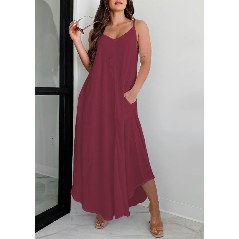 BITCED Fashion Summer Spring Solid Color Print Sleeveless V-Neck Casual Dresses