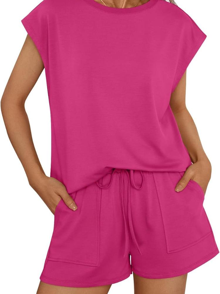 

Женский комплект без рукавов с круглым вырезом и шортами на кулиске в розовом, бежевом, бирюзовом, черном цвете S розы красного