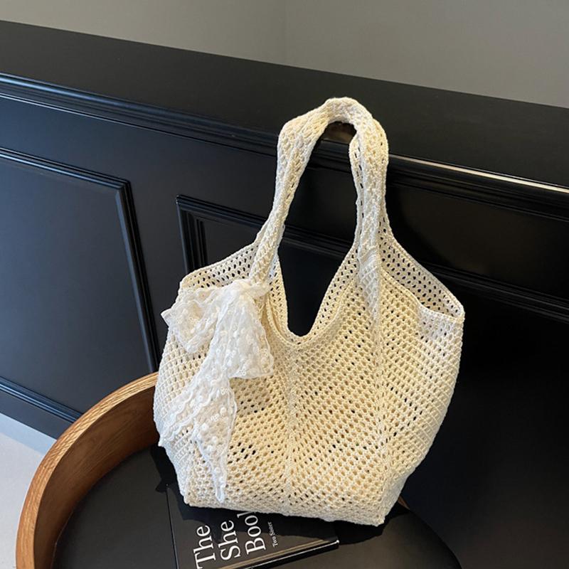 Damen Häkel-Tragetasche Mode Gestrickt Große Kapazität Gewebte Schultertaschen Einfache Einkaufstasche in Unifarbe für Sommerstrand