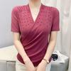 Streetwear Girl Summer Chic Beading Clothes Mesh T-Shirts Sexy V-neck Women's Tops New Casual Short Sleeve Tees