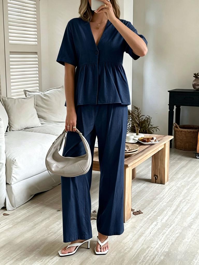Europe, America, Cross-border Amazon Foreign Trade Fashionable and Elegant V-neck Loose Short-sleeved Top and Wide-leg Pants Two-piece Set