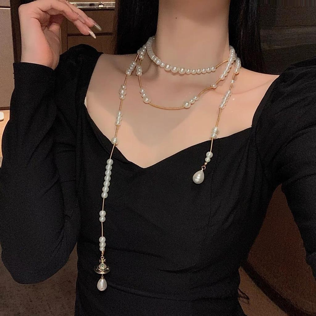 Long Pearl Necklace Women'S Light Luxury Retro High-End Neck Chain Sweater Chain Stacked Sweater Chain Accessories