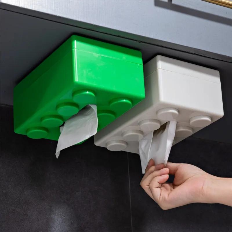 Building Blocks Tissue Box Creative Punch-free Wall-mounted Tissue Box Spring Paper Towel Holder Bathroom Waterproof Tissue Box
