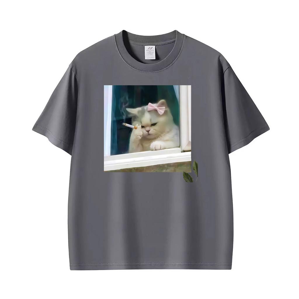 Funny Ironic Stressed Cat Meme Coquette Persian Smoking Humor Tshirt Unisex Unisex Fashion Short Sleeve High Quality Cotton T Shirt