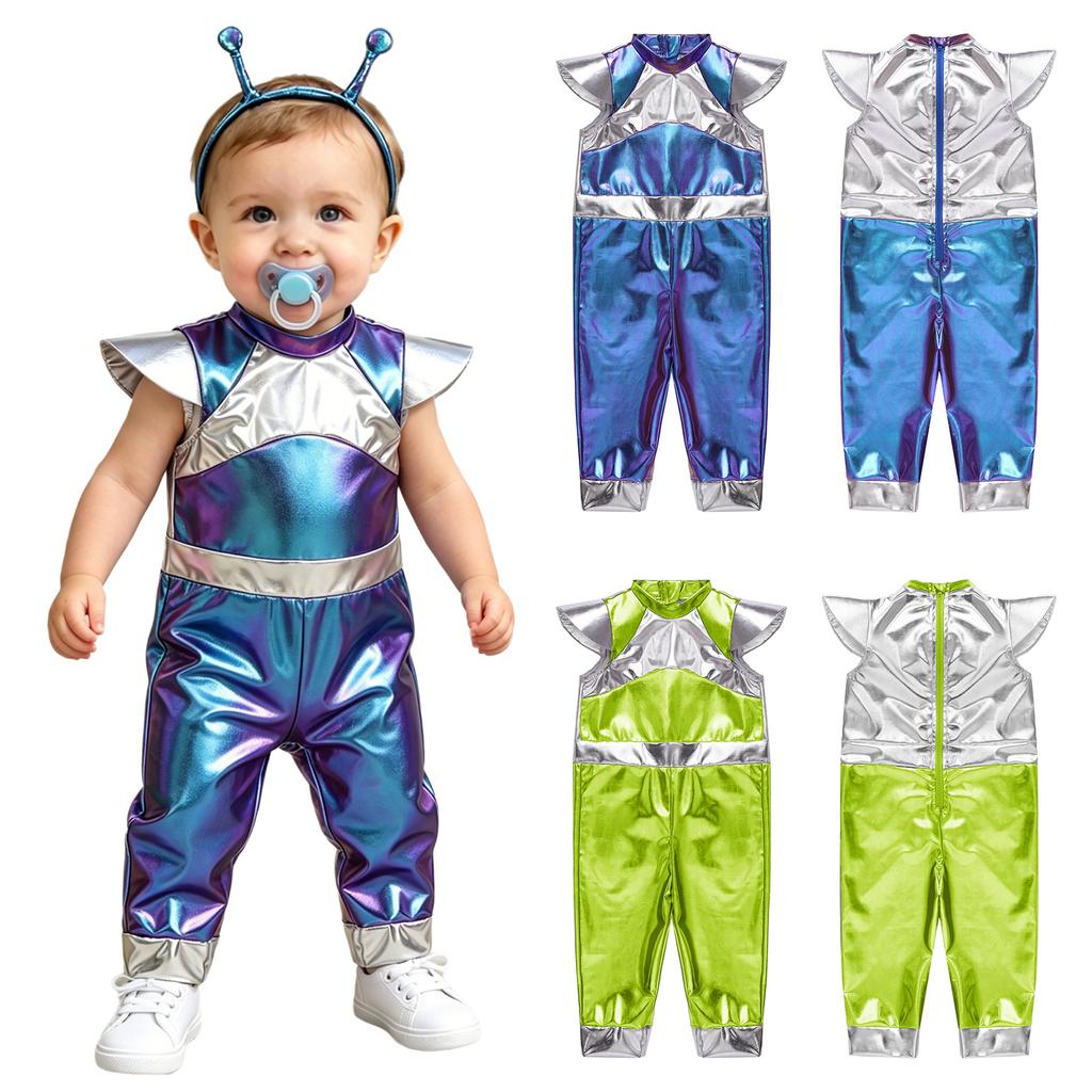 Baby Girls Color Block Alien Jumpsuit Cap Sleeve Zipper Back Metallic Romper Photography Cosplay Halloween