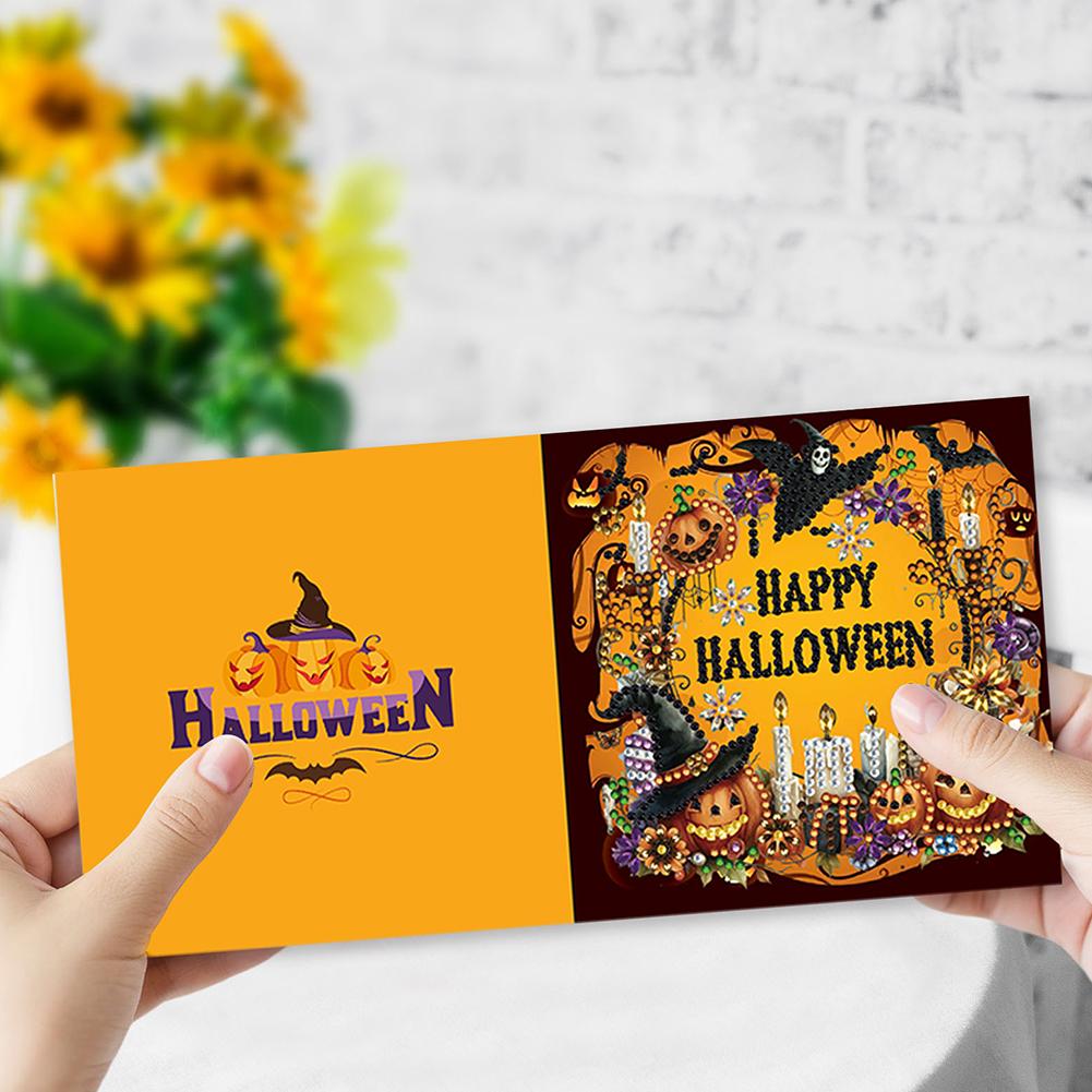6Pcs Special Shape Halloween Pumpkin Gnome Diamond Handmade Card Rhinestone Painting Card Kit for Adults Holiday Friends Family