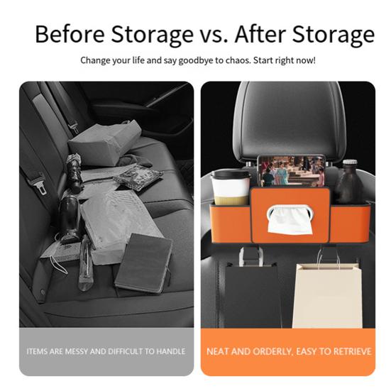 Multifunctional 3?in?1 Car Back Seat Storage Box Faux Leather Backseat Organizer with Tissue Dispenser Cup Holders Hooks for Drinks Phone Handbags