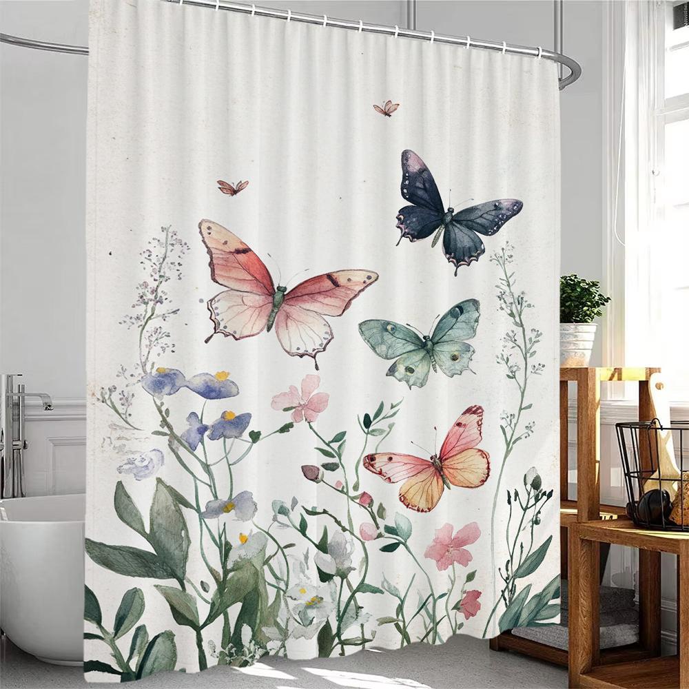 Butterfly Floral Shower Curtain Rose Flowers Plant Botanical Bathroom Decor Elegant Polyester Fabric Bath Curtain with Hook