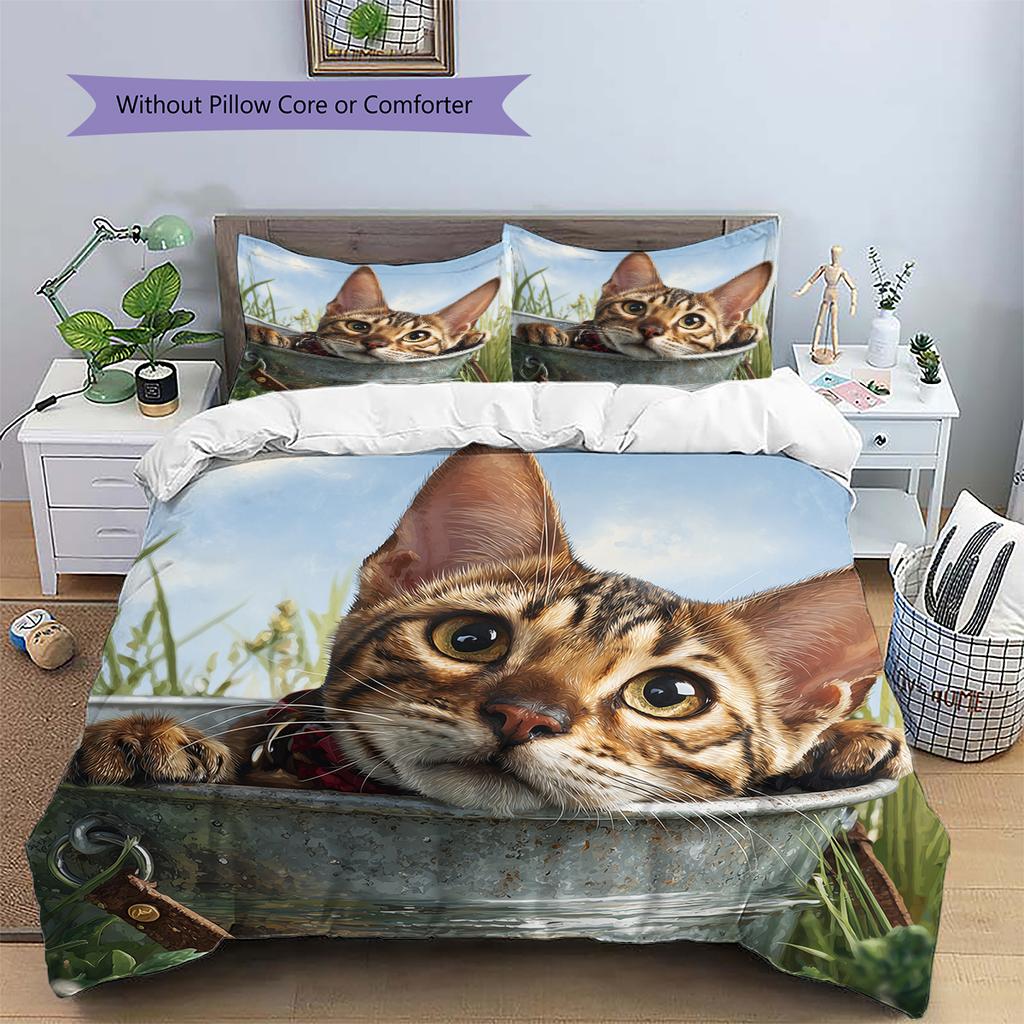 Bengal Cat and Grassland Pattern Bedding Home Decoration Birthday Gift (1 * Duvet Cover + 2 * Pillowcase, Without Core)