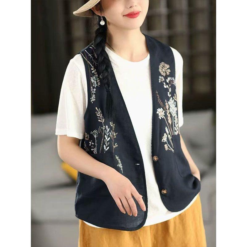 Women Floral Embroidered V Neck Button Front Cotton Vest M темно-синий