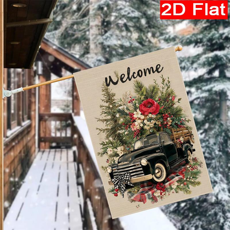 Gd-Dq09050022-1pc Christmas Poinsettia Pine Cone Truck Greets The Holiday Garden Flag_2 (3)-Ideal for Both Indoor And Outdoor Settings, Perfect for Ga