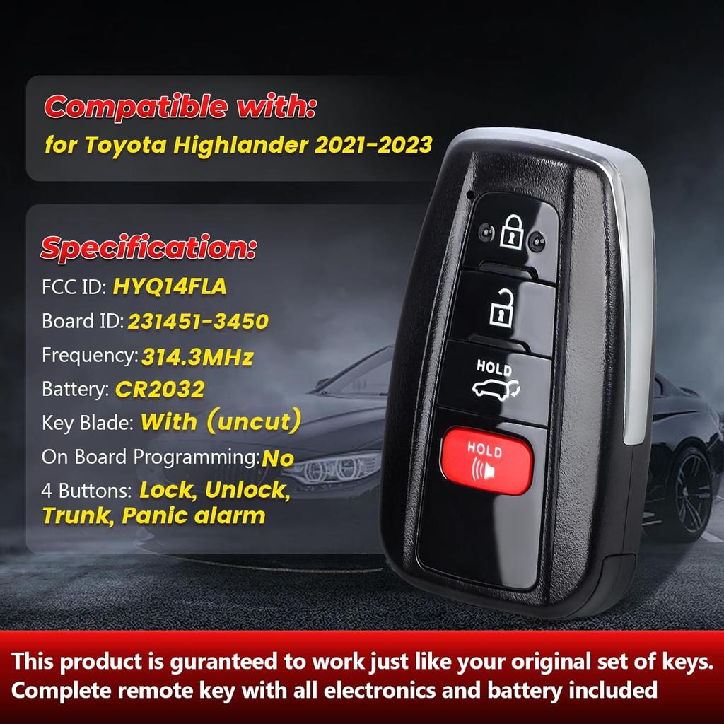 Board ID: 231451-3450, FCC ID: HYQ14FLA Smart Remote Key Fob Replacement for Toyota Highlander 2021 2022 2023 Keyless Entry Remote Control Car Key