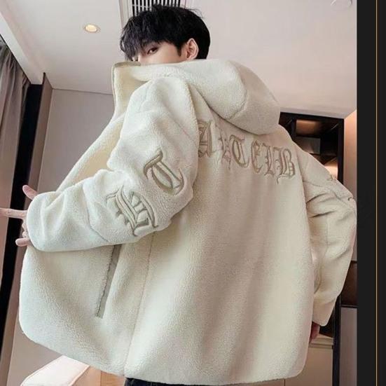 Heren Jas Jas Capuchon Lange Mouw Borduurwerk Letterprint Effen Kleur Jas Rits Sluiting Dikke Fleece Warm Winter Bovenkleding